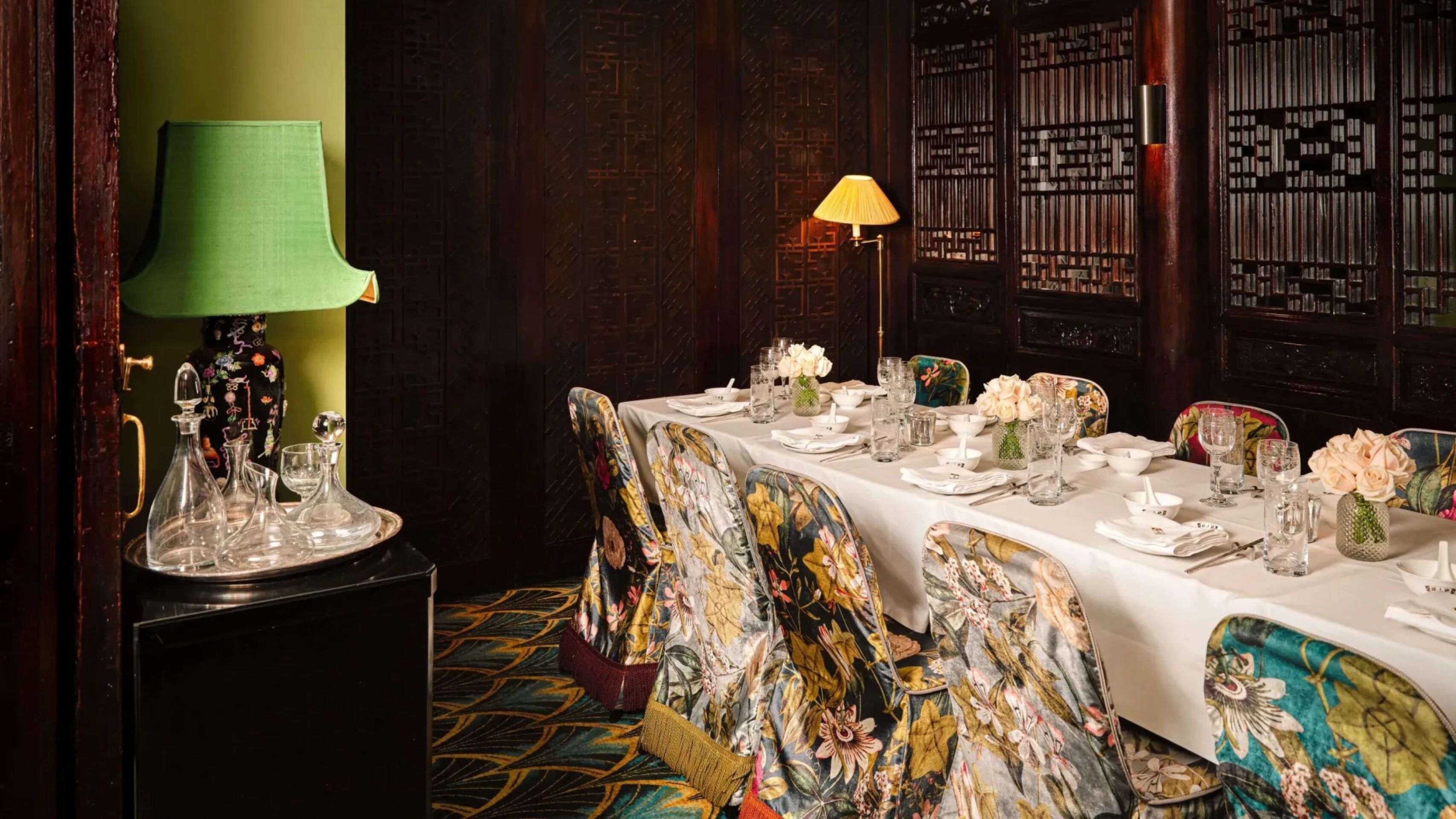 Private dining rooms at China Tang at The Dorchester in soft, moody lighting