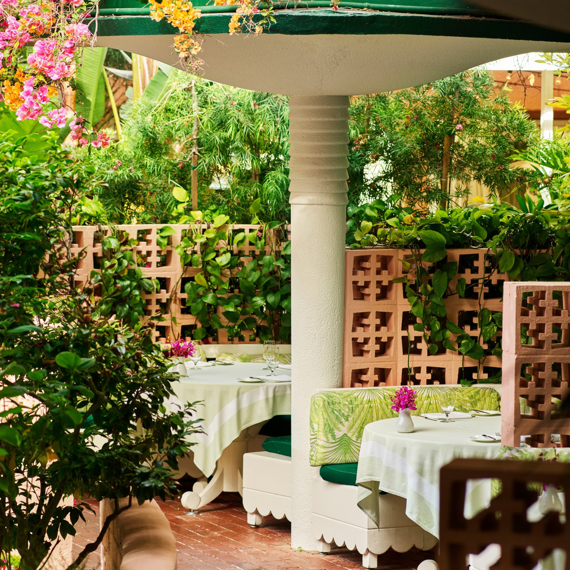 Outdoor booths in the Polo Lounge at The Beverly Hills Hotel 