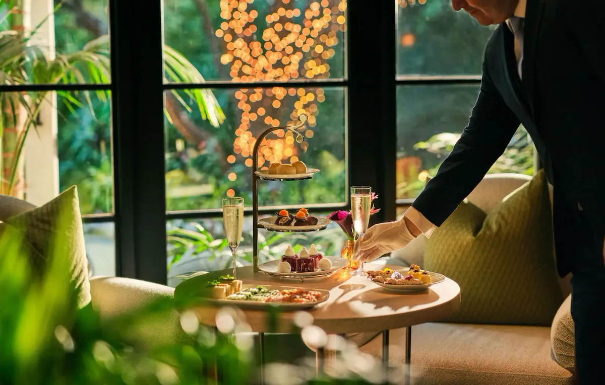 Holiday afternoon tea in The Living Room with champagne glass