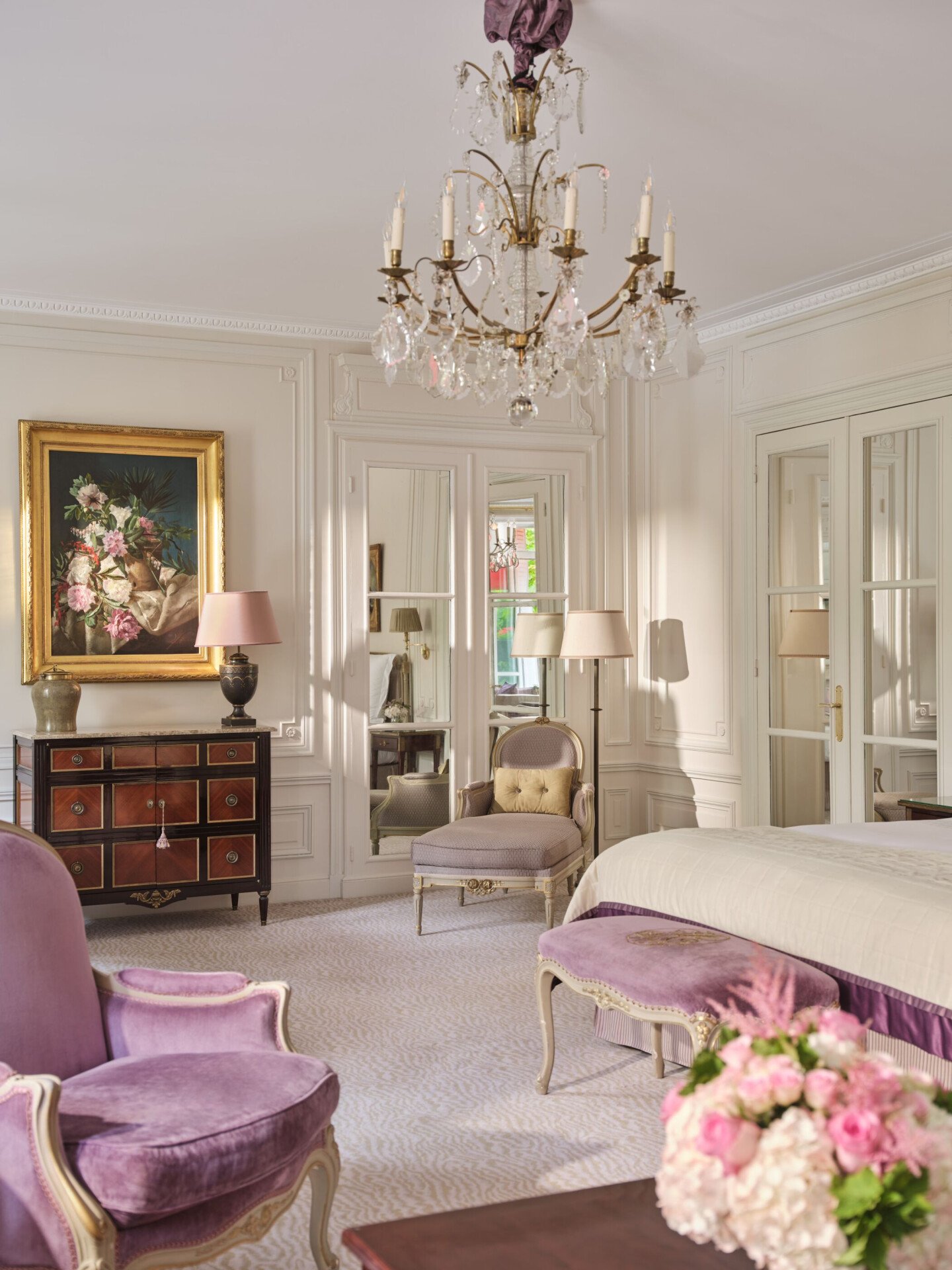 This is the bedroom of the Prestige Junior Suite #212 at the Plaza Athénée.