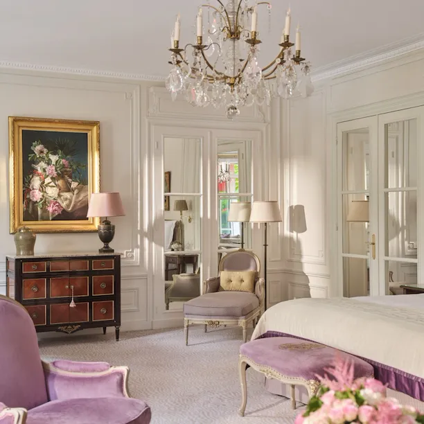 This is the bedroom of the Prestige Junior Suite #212 at the Plaza Athénée.