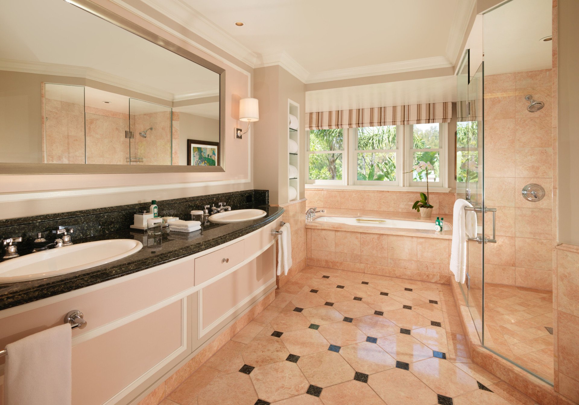 Deluxe Guestroom Bathroom with Pink Marble at The Beverly Hills Hotel