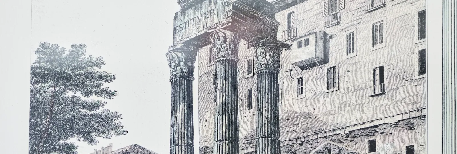 Detail of painting depicting Roman ruins at Dolce Vita Suite at Hotel Eden, Rome