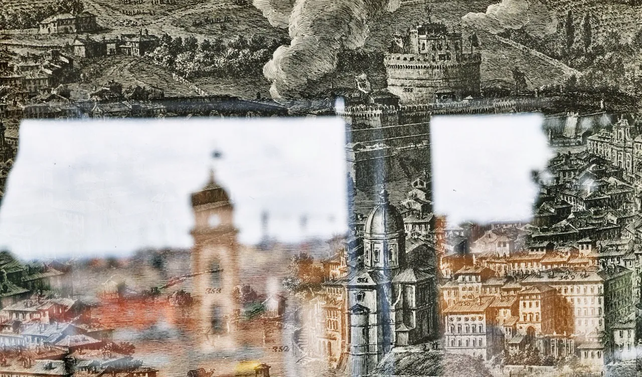 Black and white illustration of Rome in the past at Bellavista Penthouse suite at Hotel Eden, Rome