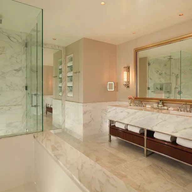 Bungalow 8A Bathroom with White Marble at The Beverly Hills Hotel, Los Angeles