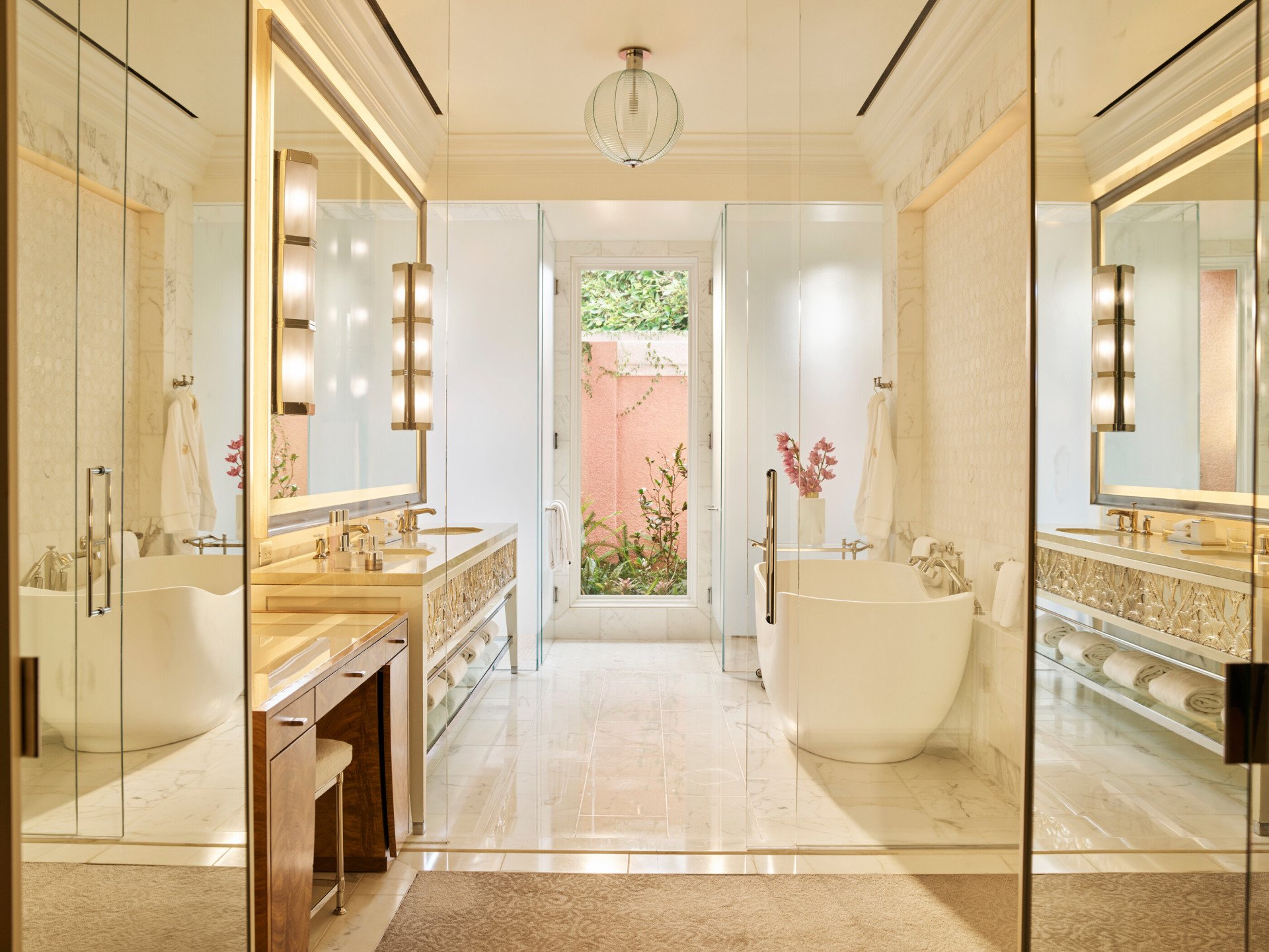 Master bathroom in presidential Bungalow 24A at The Beverly Hills Hotel 