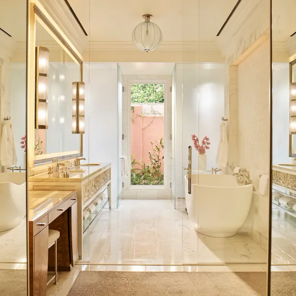 Master bathroom in presidential Bungalow 24A at The Beverly Hills Hotel