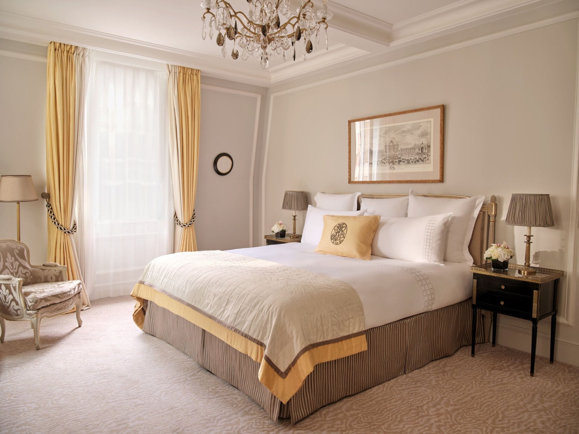 This is the bedroom of the Deluxe Suite #318 at the Plaza Athénée. 