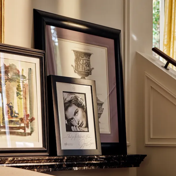Framed picture and autograph of actress Ingrid bergman inside Aurora Terrace Suite at Hotel Eden Rome