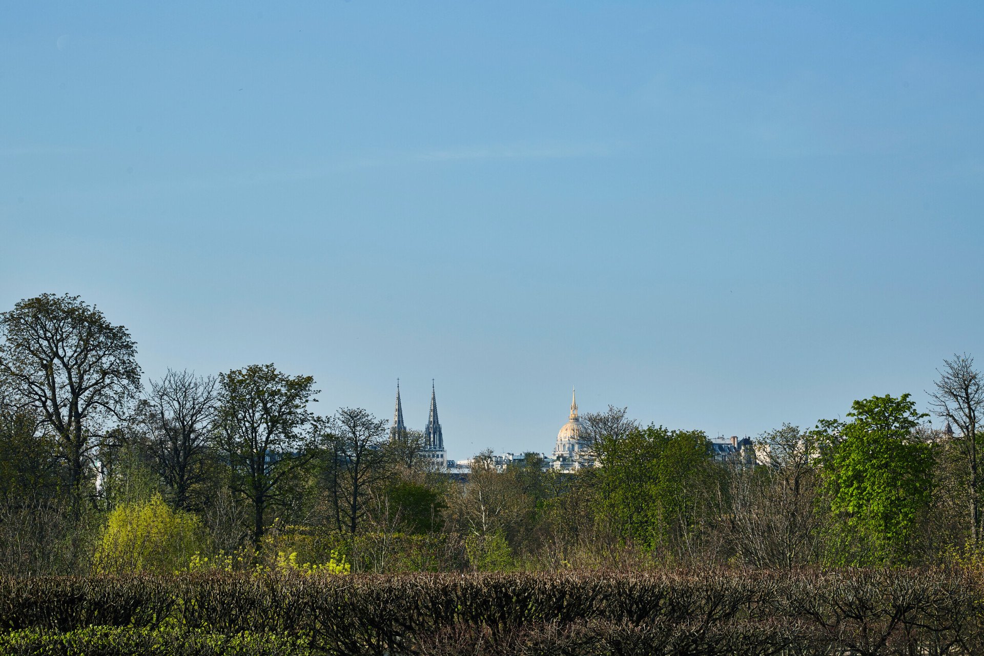 View from the Suite Prestige, lots of trees in the forefront of the picture and monuments in the distance. At Le Meurice, Paris.