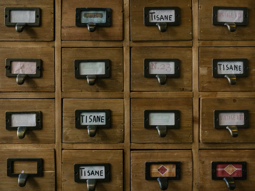 Drawer of herbal teas selection inside La Casetta A Monti restaurant in Rome