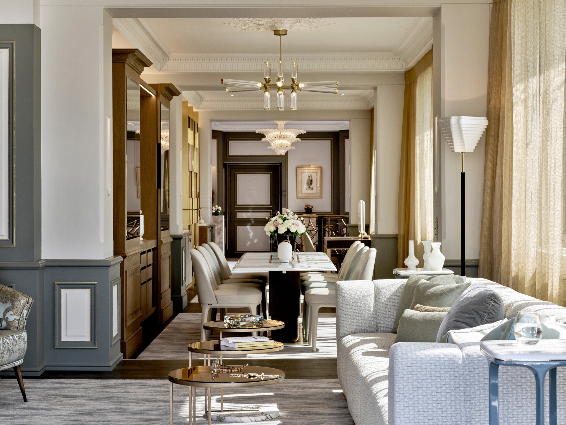 Shot of the dining room table in the distance in the Belle Etoile suite at Le Meurice, Paris.