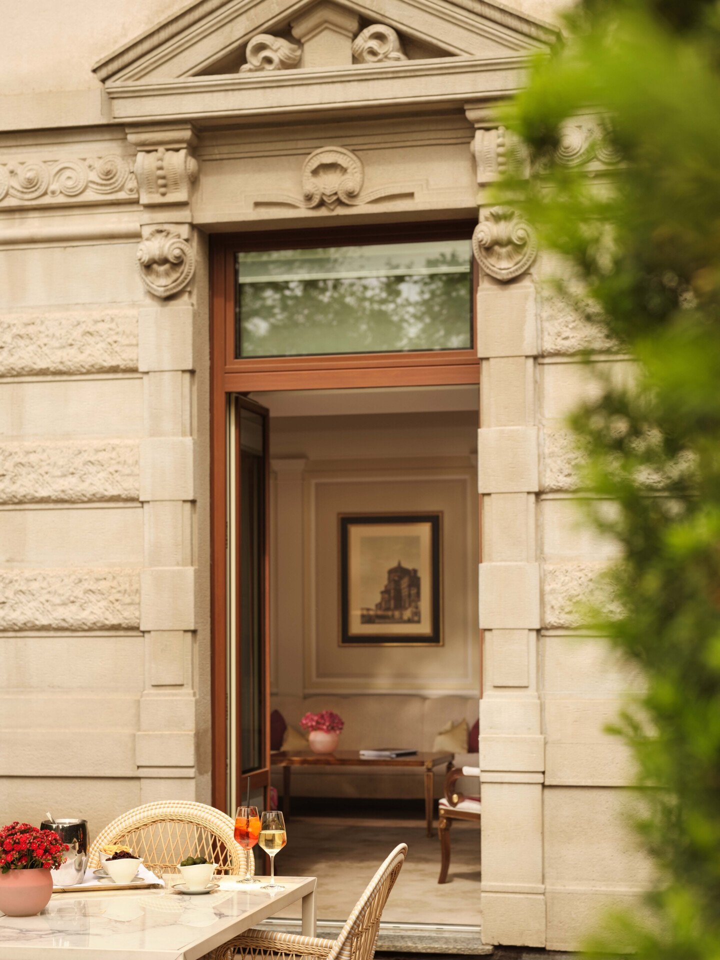 View of the Principe Suite showing aperitif details in the foreground and its design in the background