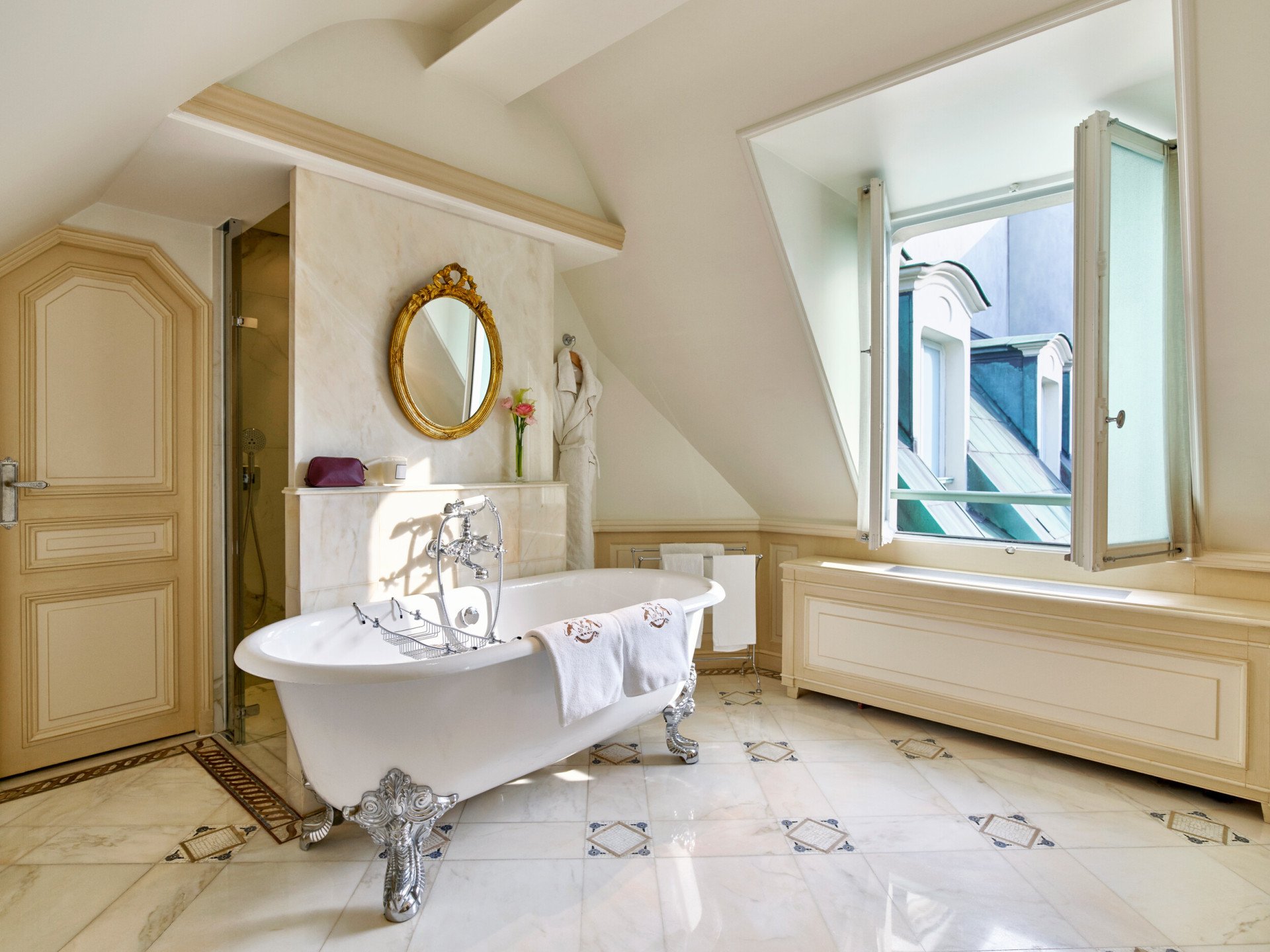 Landscape shot of the bathroom of the Parisenne suite at Le Meurice, Paris.