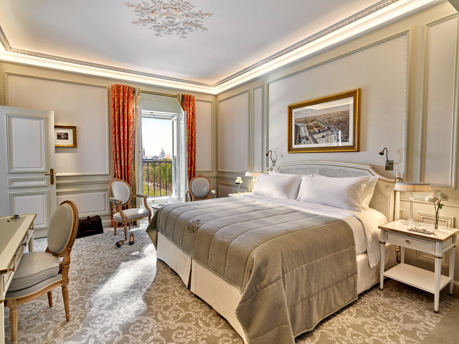 Details in the bedroom of an executive suite at Le Meurice, Paris.