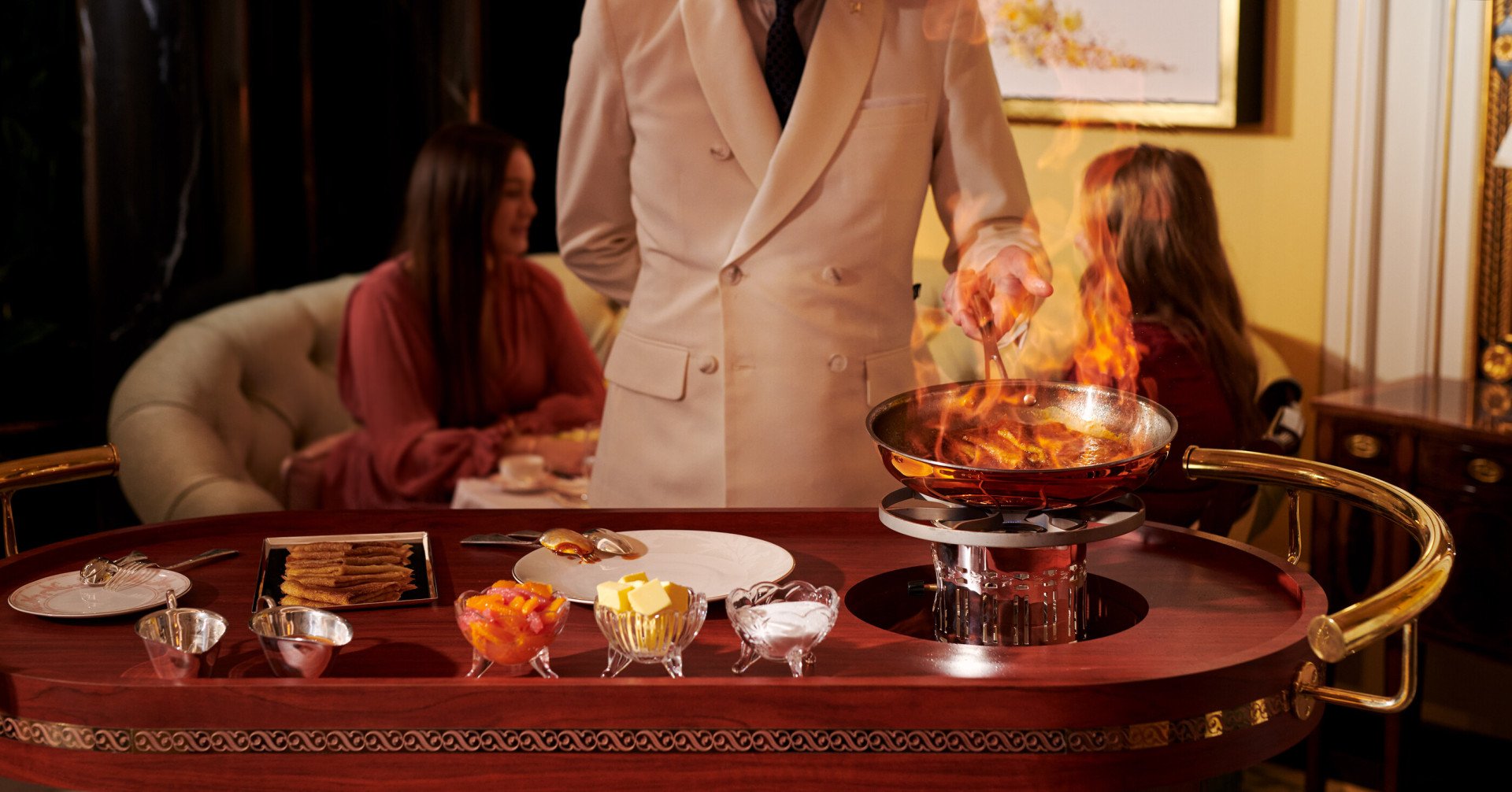 The crepe trolley in The Promenade at The Dorchester.