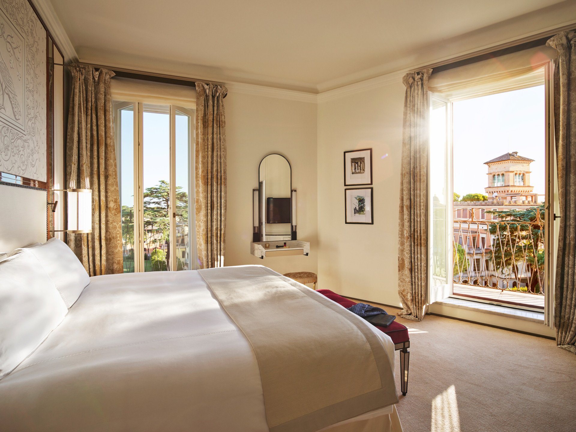Bedroom of Villa Medici Presidential Suite with view of Villa Malta at Hotel Eden, Rome
