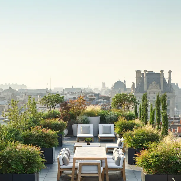 Aerial view of the rooftop of the Belle Etoile suite at Le Meurice, Paris.