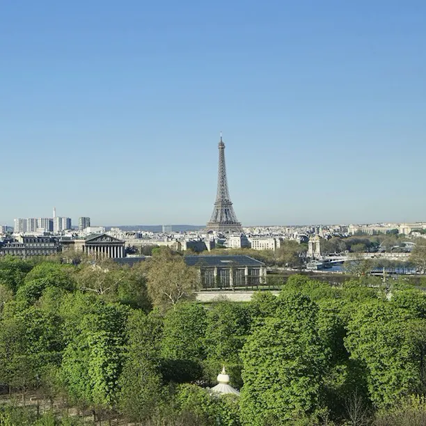 View from the Executive Room's balcony showing the Tuileries Garden and Eiffel Tower