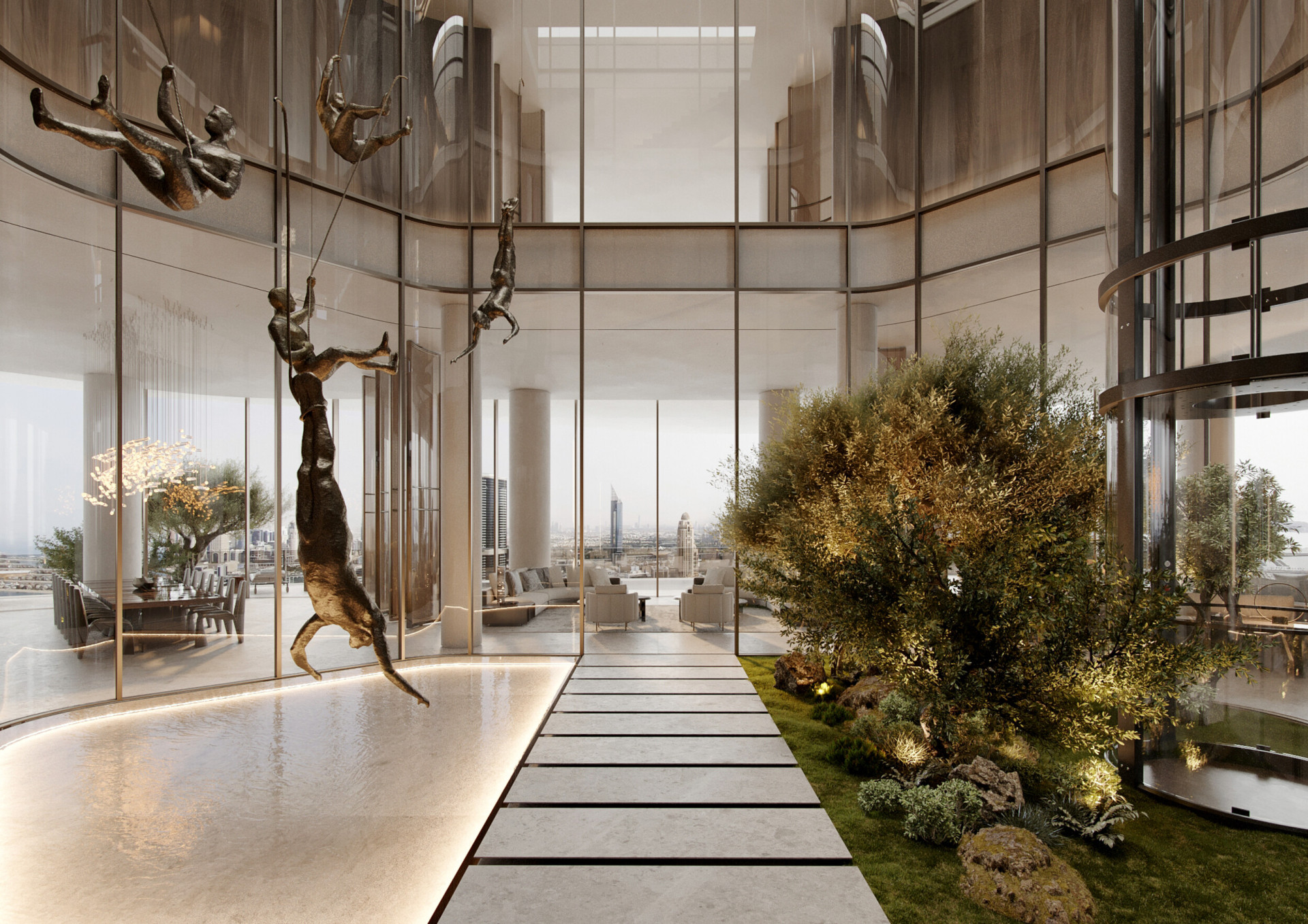 Living room interiors at Sky Palace penthouse, Ava at Palm Jumeirah residences, Dubai