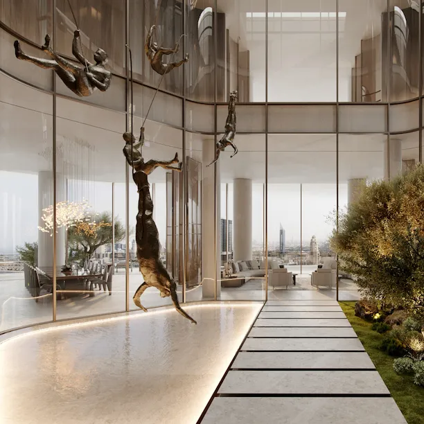 Living room interiors at Sky Palace penthouse, Ava at Palm Jumeirah residences, Dubai