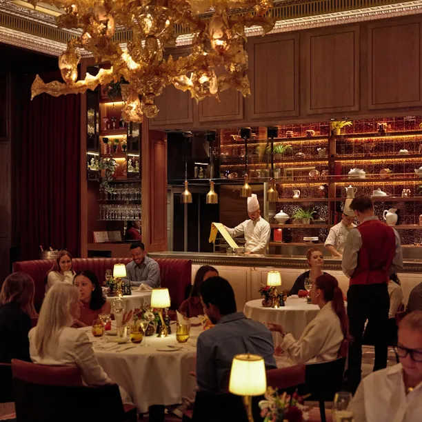 Warm, lively atmosphere in The Grill at The Dorchester for evening dinner
