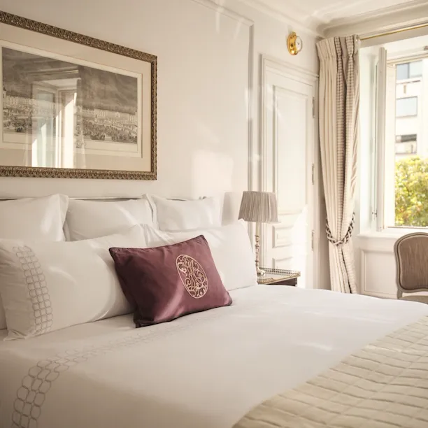 This is the bed of the Deluxe Room #314 at the Plaza Athénée.