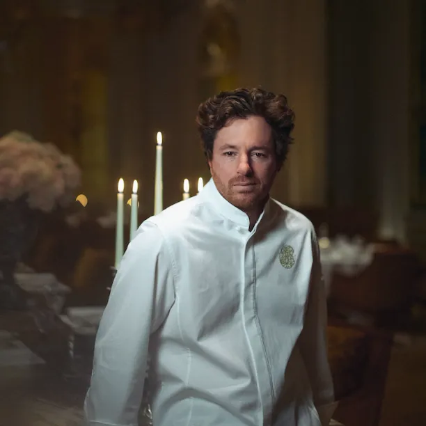 Portrait of Jean Imbert in the Jean Imbert au Plaza Athénée dining room, at Hotel Plaza Athénée, Paris.