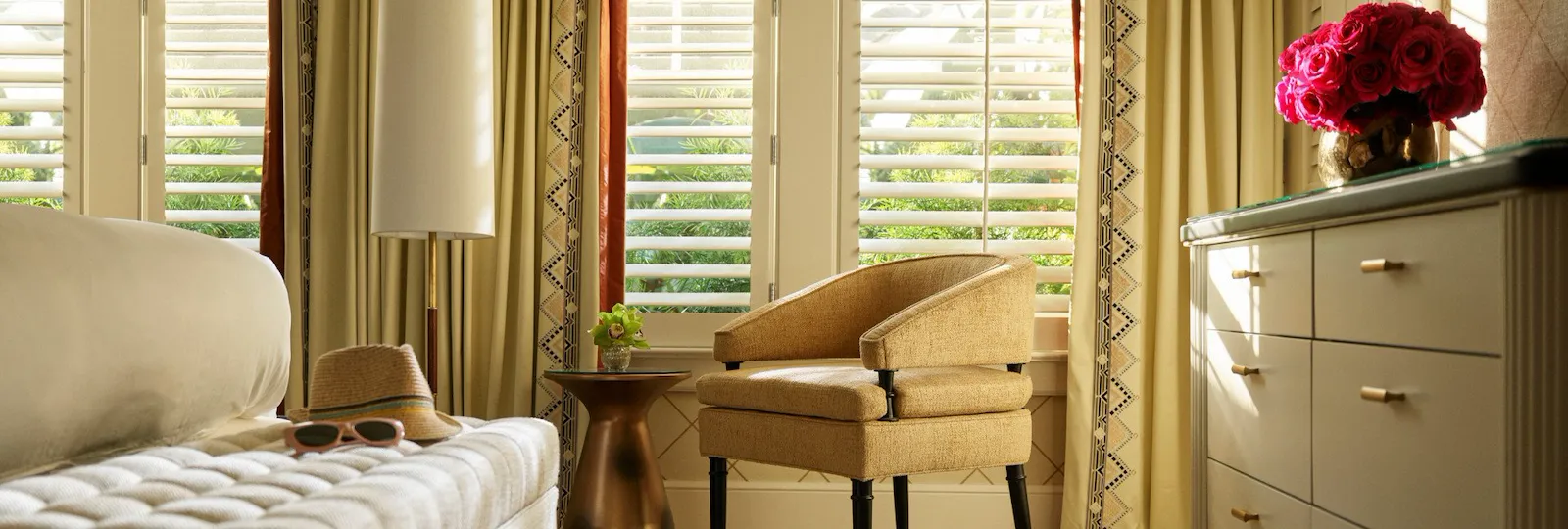 Beverly Hills Bungalow Suite Bedroom with hat, glasses and shoes
