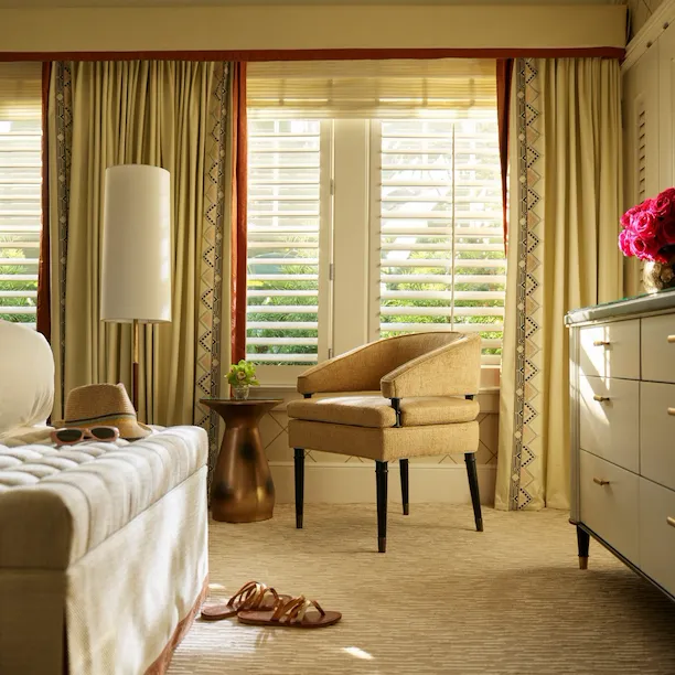 Beverly Hills Bungalow Suite Bedroom with hat, glasses and shoes