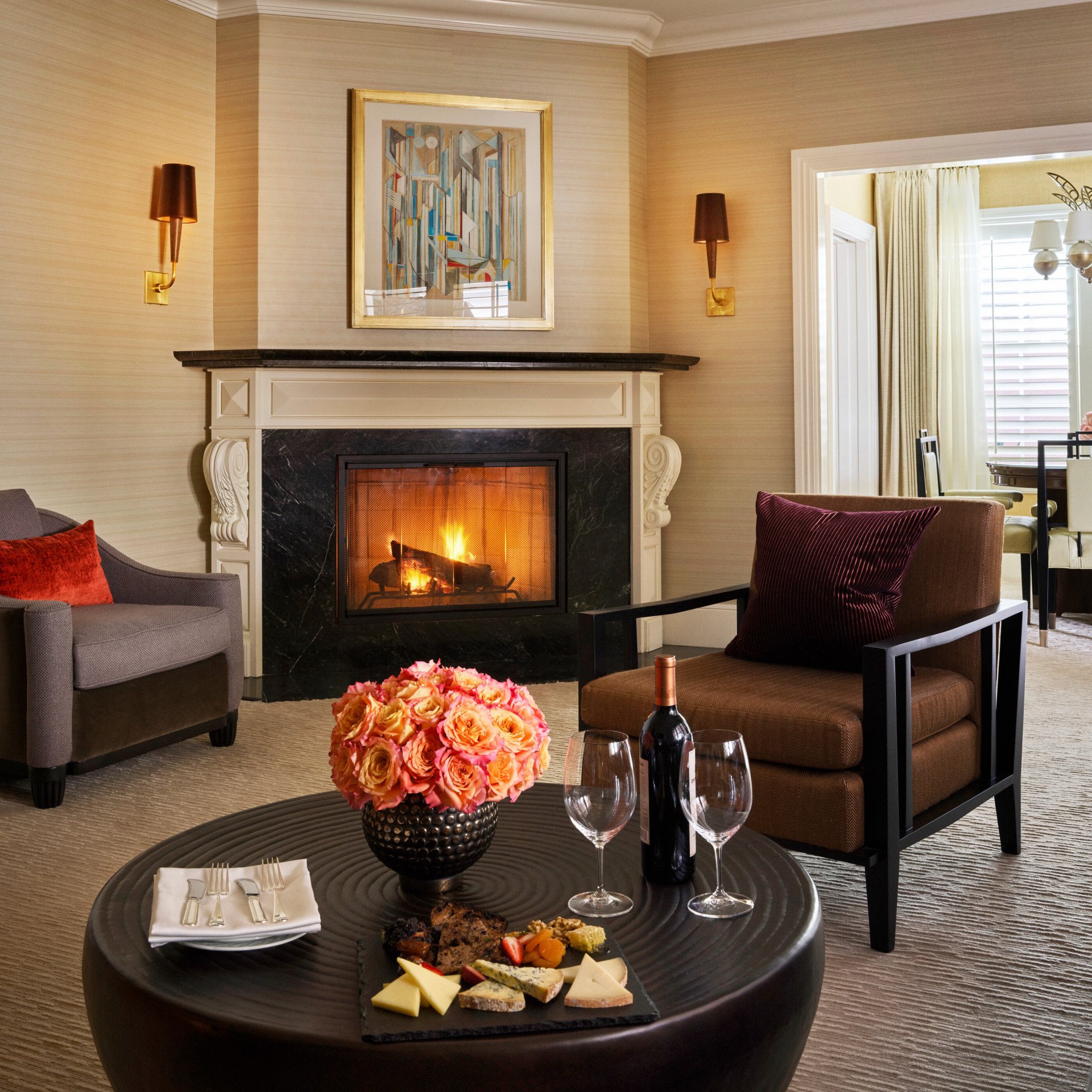 Crescent Bungalow Suite Living area with fireplace  at The Beverly Hills Hotel, Los Angeles