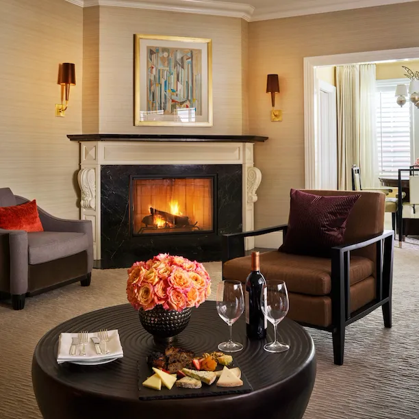 Crescent Bungalow Suite Living area with fireplace at The Beverly Hills Hotel, Los Angeles