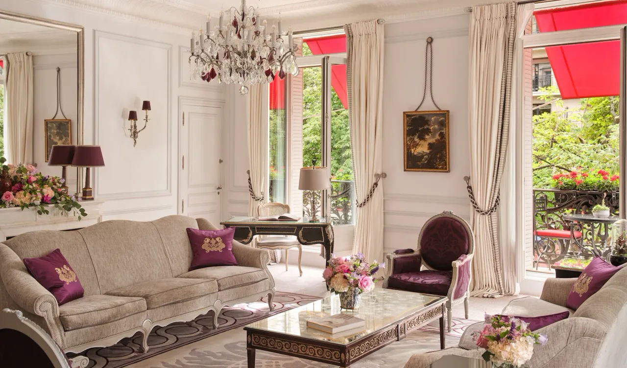 This is the lounge of the Eiffel Suite #261 at the Plaza Athénée.