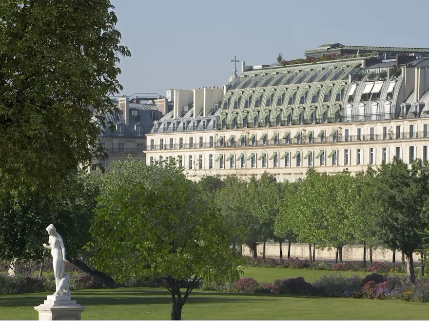 Le Meurice exterior facade from Tuileries Gardens, Paris