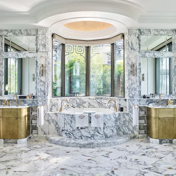 Marble bathroom in the Belle Etoile suite at Le Meurice, Paris.