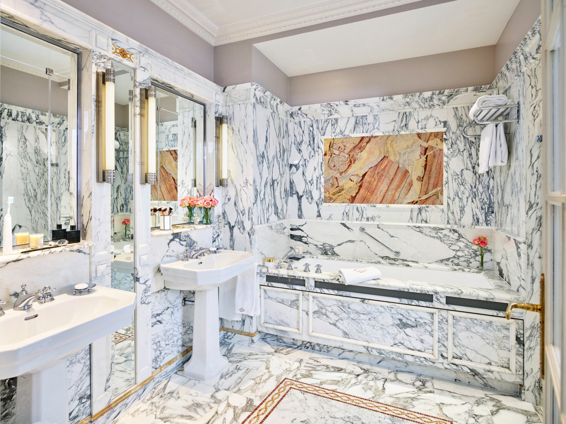 Landscape shot of the details in the bathroom of the Versailles suite at Le Meurice, Paris.
