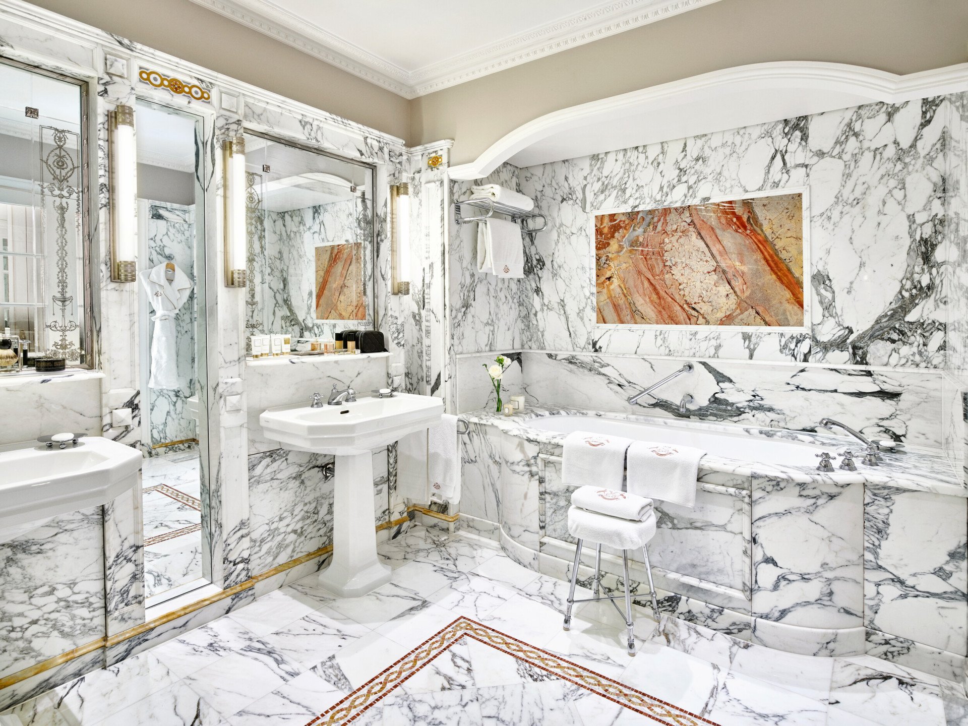 Marble bathroom in the presidential appartment at Le Meurice, Paris.