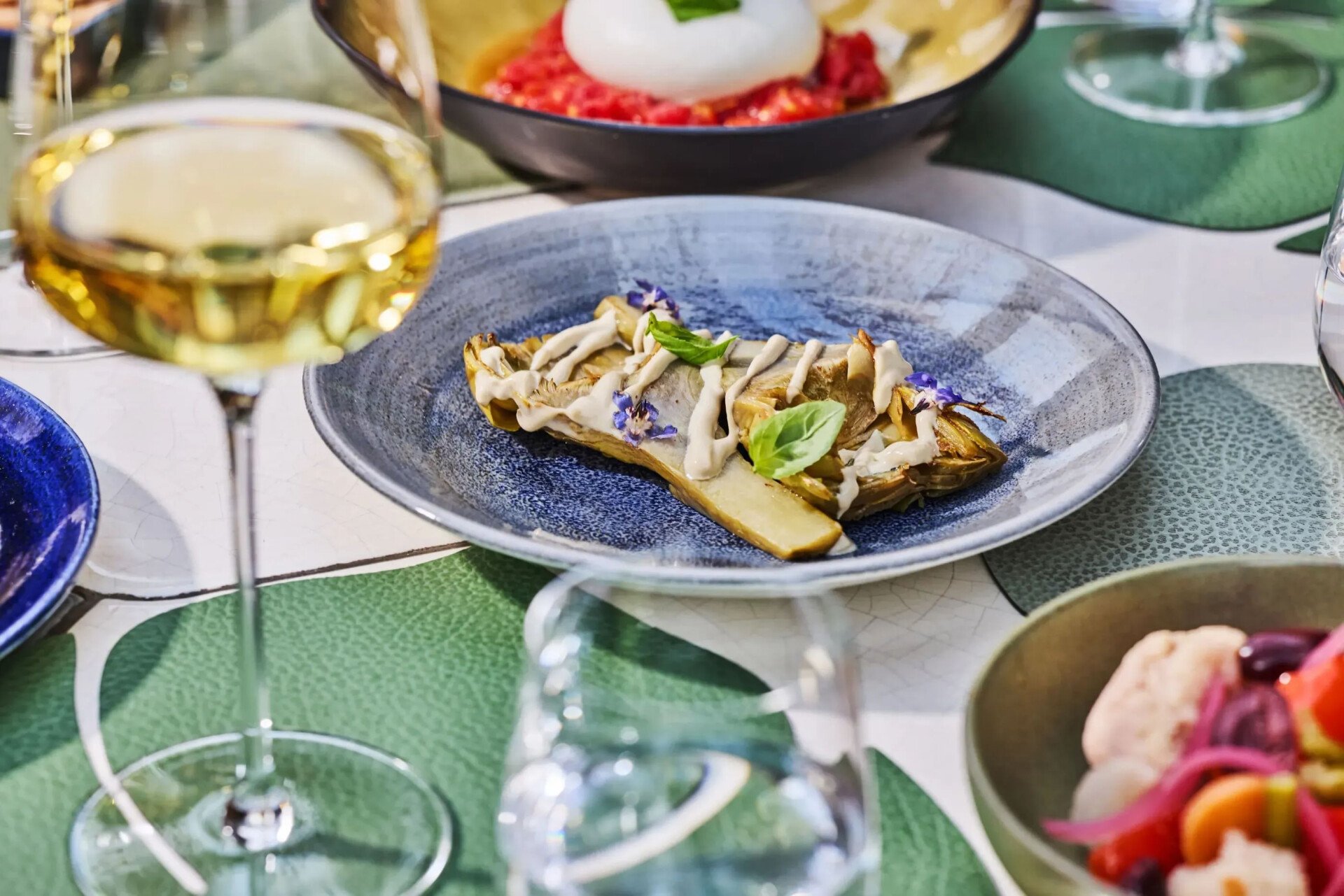 Table with various dishes with food