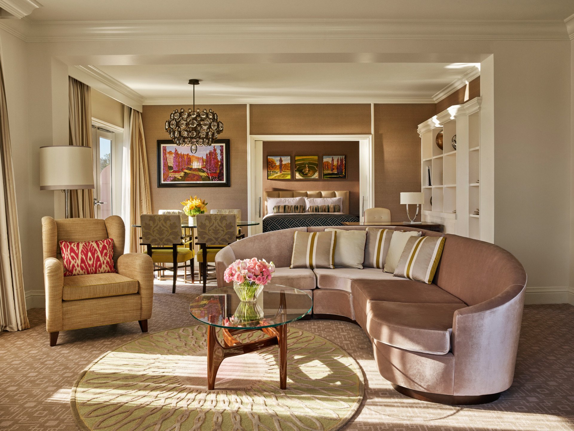 Living room of the Beverly Hills Suite with balcony at The Beverly Hills Hotel, Los Angeles