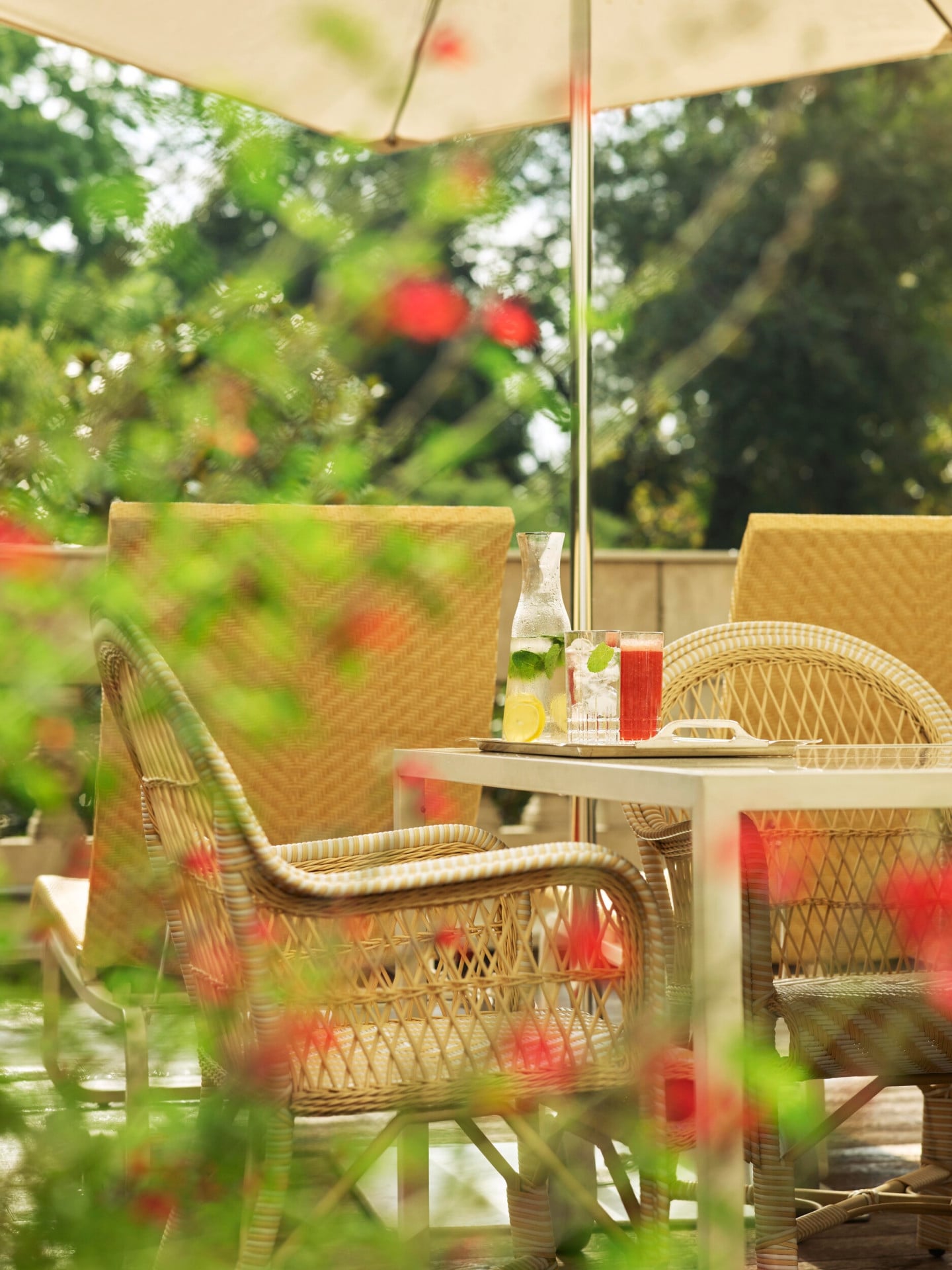 View of Principe Suite terrace with details of flowers and a table with chair