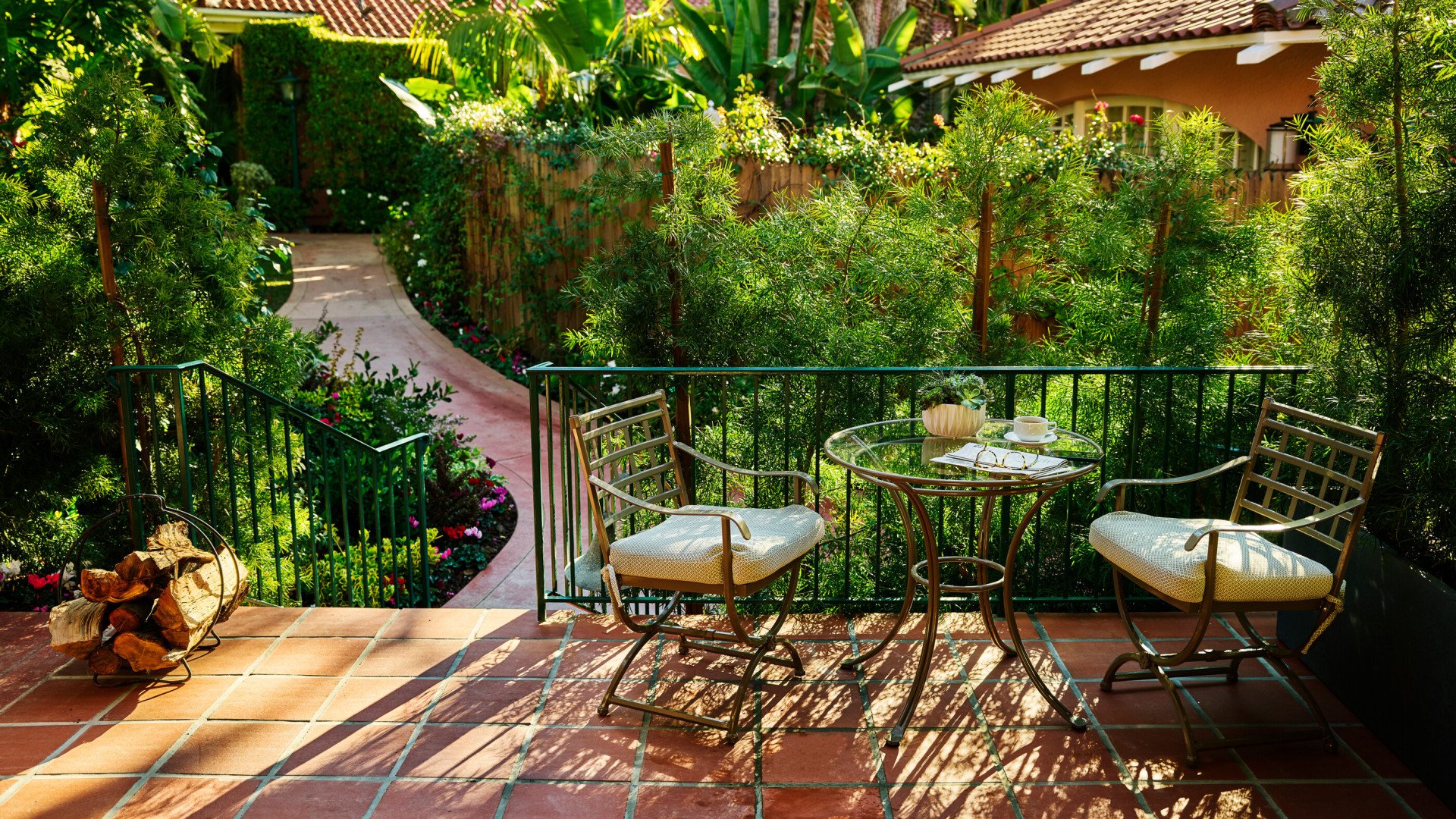 Bungalow Room Patio with glasses, script and coffee 