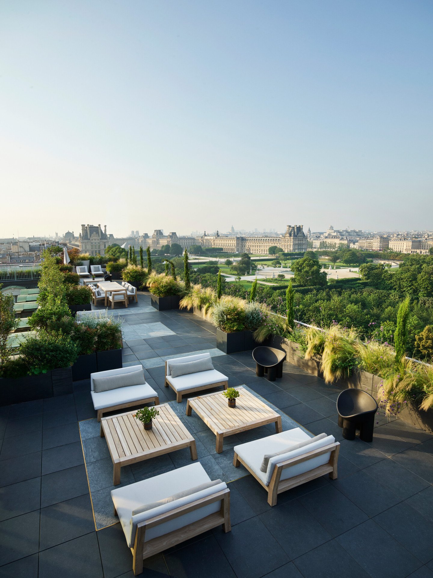 Aerial view of the rooftop of the Belle Etoile suite at Le Meurice, Paris.