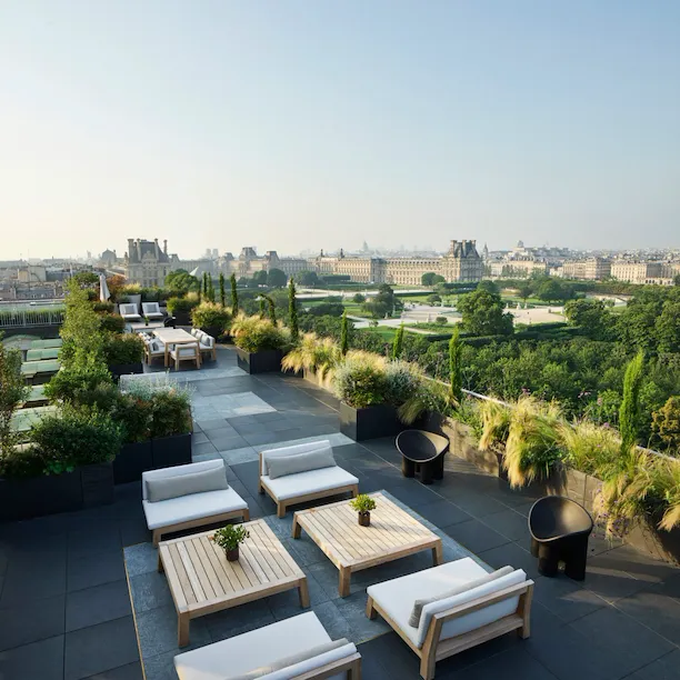 Aerial view of the rooftop of the Belle Etoile suite at Le Meurice, Paris.