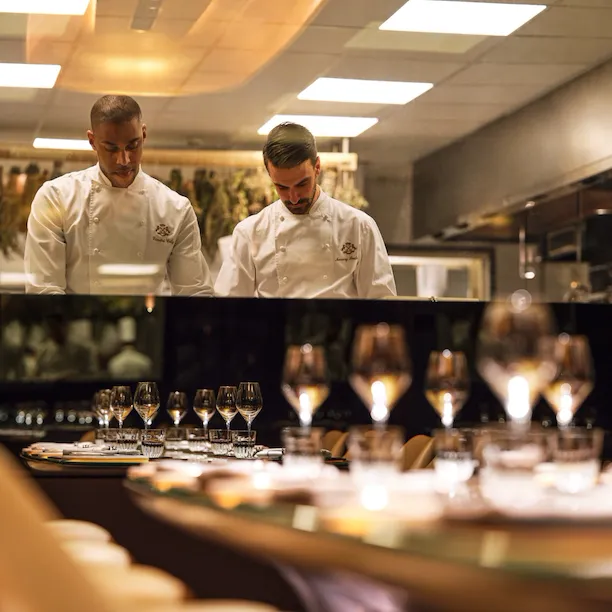 View from the Chef's table of Amaury Bouhours and Dimitri Coly in their kitchen at Le Meurice, Paris - Dorchester Collection
