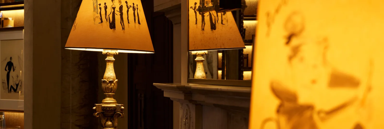 Lampshades with illustrations by Italian fashion illustrator Andrea Ferolla at La Libreria at Hotel Eden, Rome