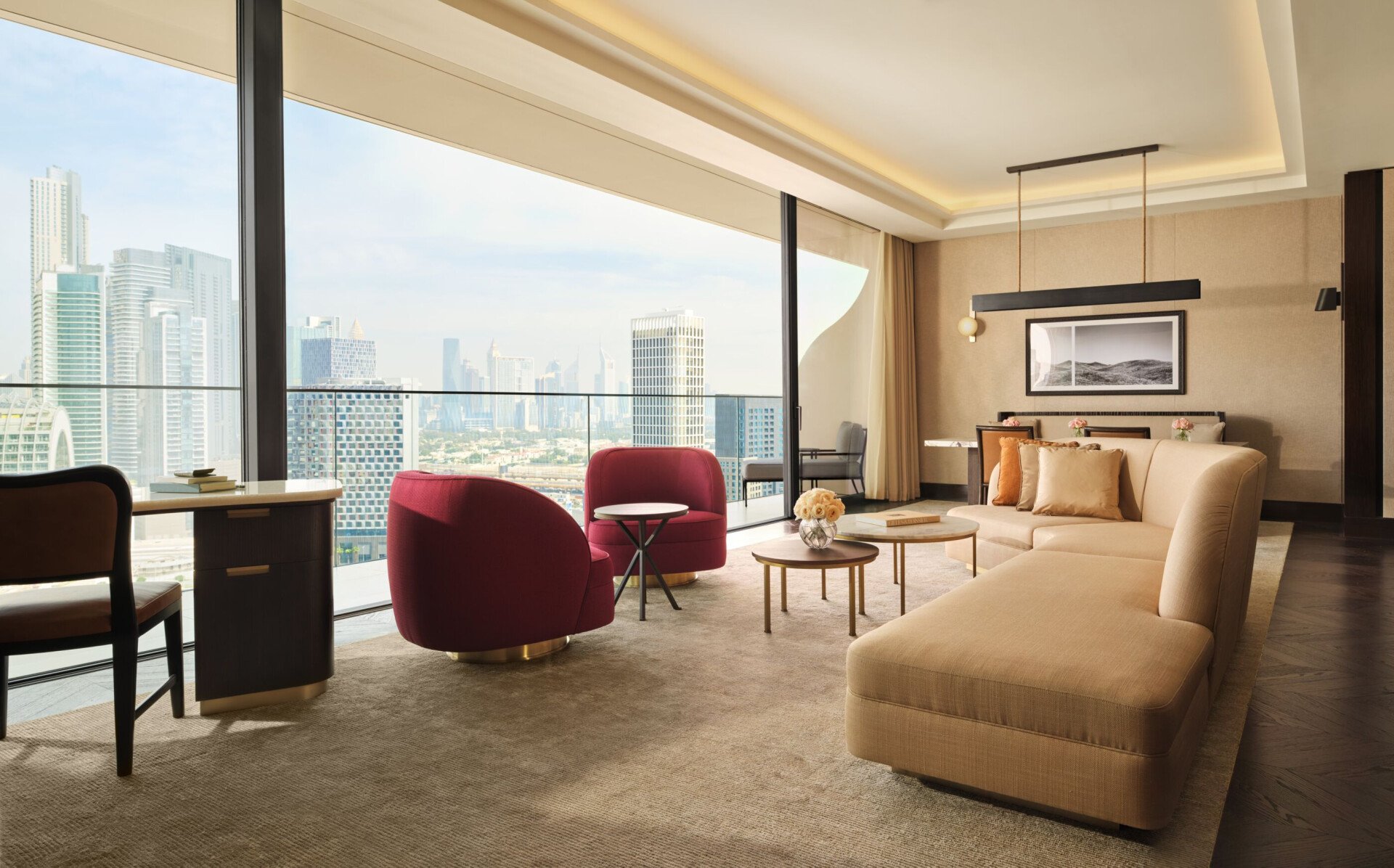 Images depicting The Lana Suite including living spaces, wardrobe and bathroom at The Lana, Dorchester Collection, Dubai.