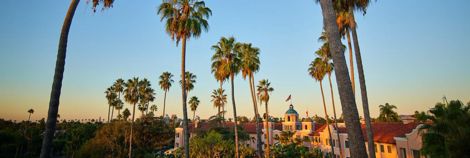 Photo of the hotel facade and palm tree skyline at The Beverly Hills Hotel