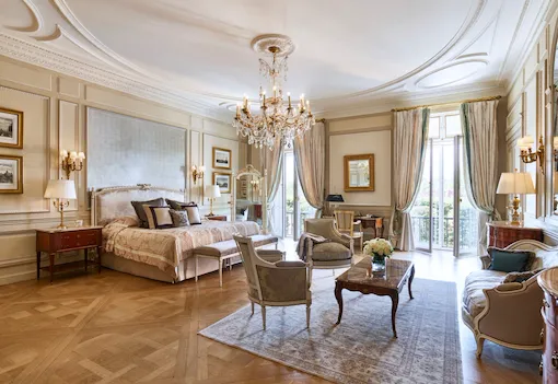 Overview of bedroom with details in the presidential appartment at Le Meurice, Paris.
