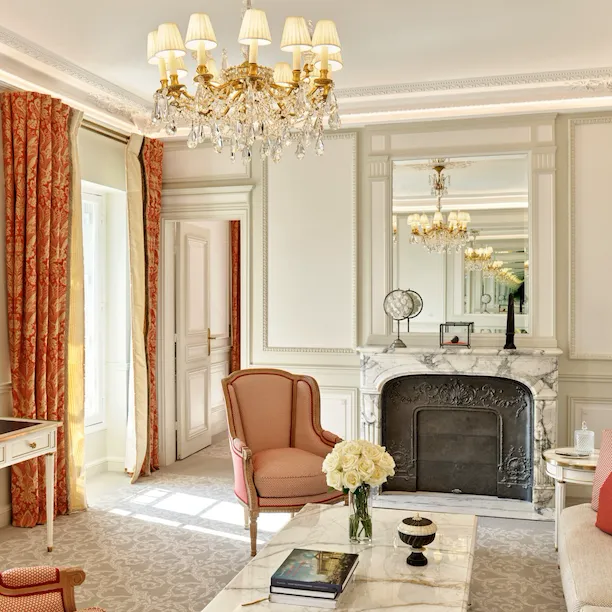 Portrait shot of the living room in an executive suite at Le Meurice, Paris.