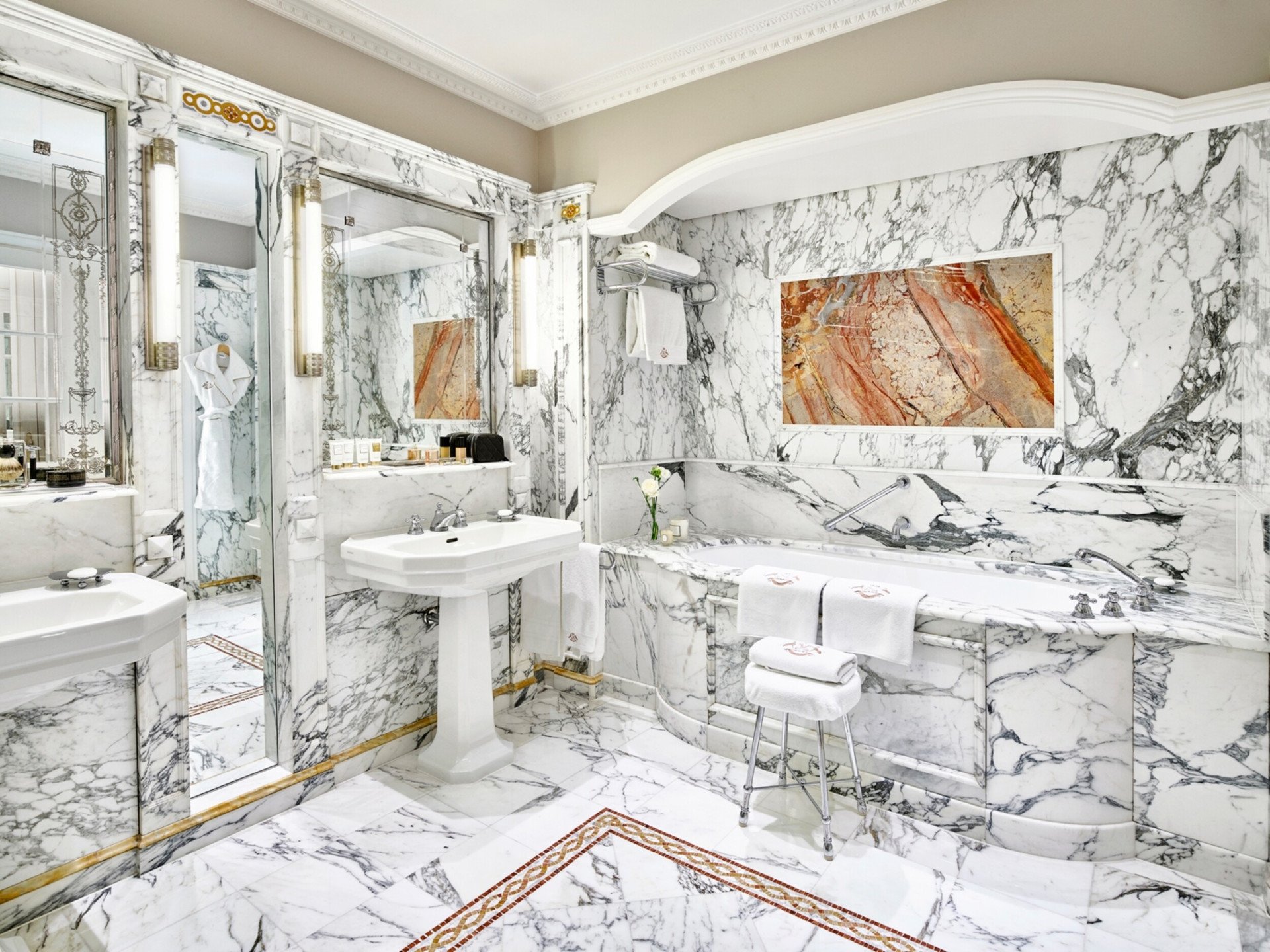 Marble bathroom of the presidential appartment at Le Meurice, Paris.